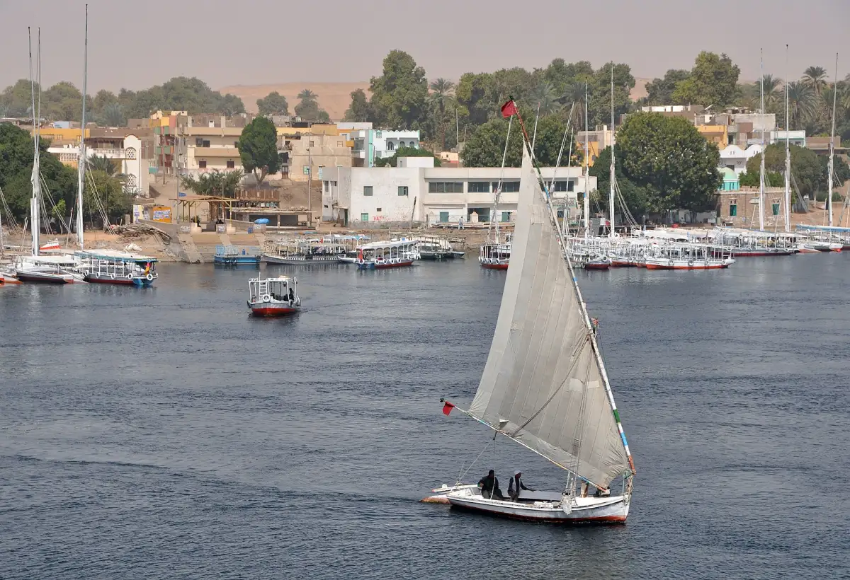 A felucca on the Nile in Aswan with Elephantine Island behind