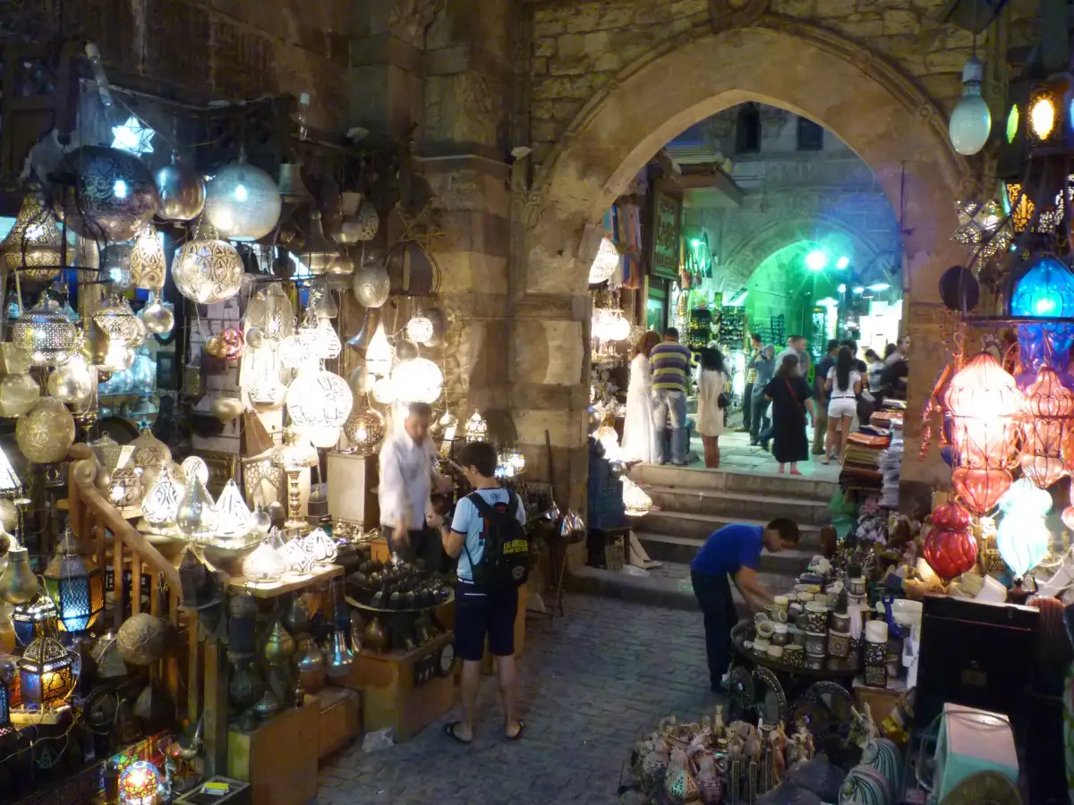 Brass lanterns hanging in a traditional bazaar