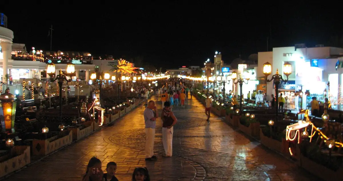 A lit-up street in Naama Bay